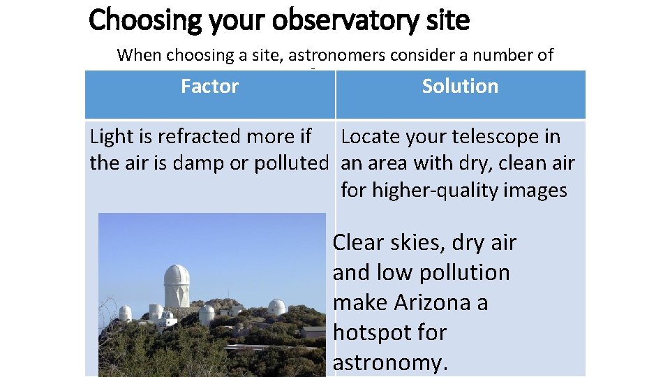Choosing your observatory site When choosing a site, astronomers consider a number of factors
