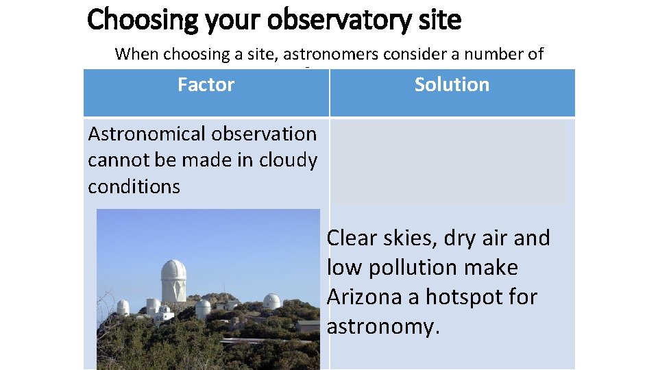 Choosing your observatory site When choosing a site, astronomers consider a number of factors