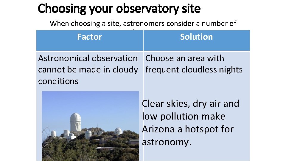 Choosing your observatory site When choosing a site, astronomers consider a number of factors