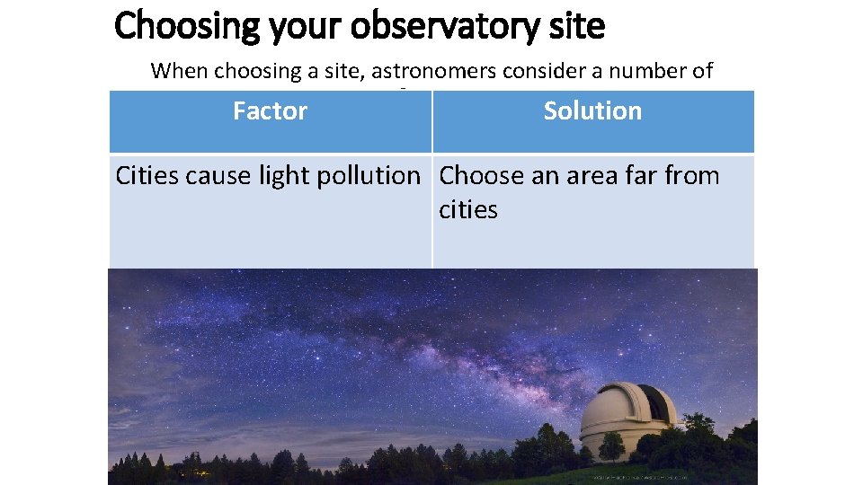 Choosing your observatory site When choosing a site, astronomers consider a number of factors