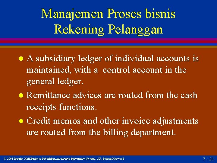 Manajemen Proses bisnis Rekening Pelanggan A subsidiary ledger of individual accounts is maintained, with
