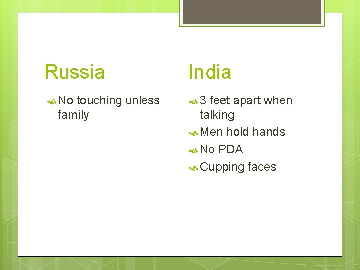 Russia India No 3 touching unless family feet apart when talking Men hold hands