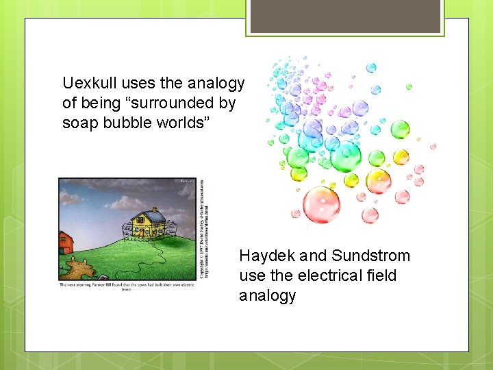 Uexkull uses the analogy of being “surrounded by soap bubble worlds” Haydek and Sundstrom