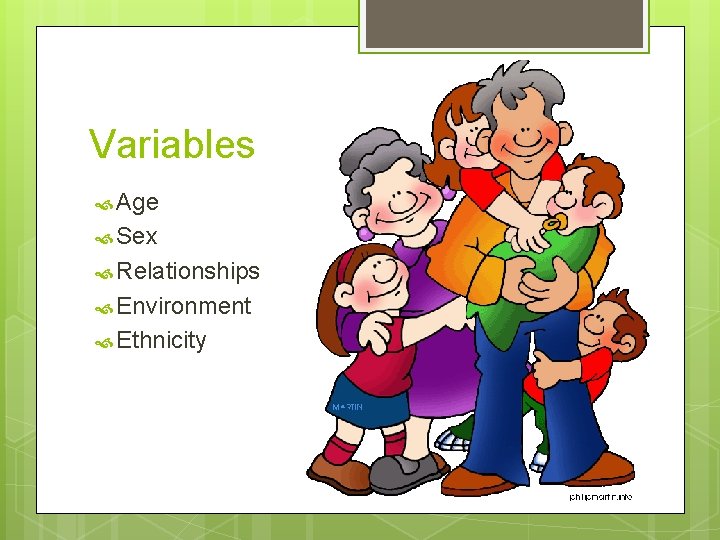 Variables Age Sex Relationships Environment Ethnicity 