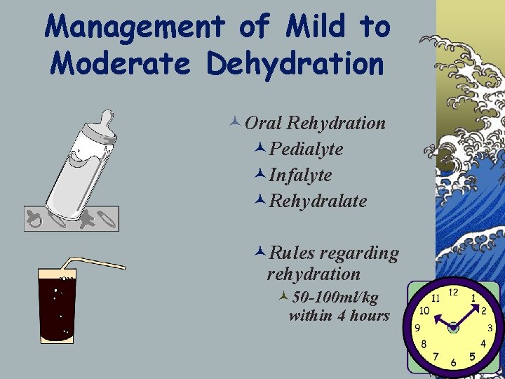 Management of Mild to Moderate Dehydration © Oral Rehydration ©Pedialyte ©Infalyte ©Rehydralate ©Rules regarding