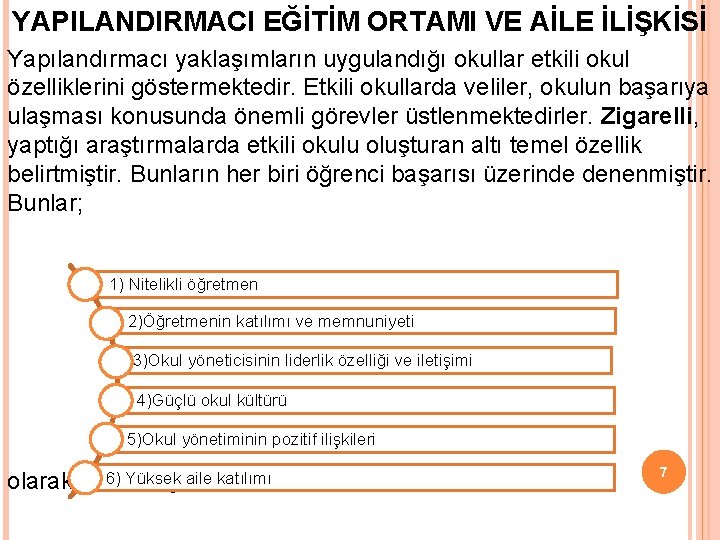 YAPILANDIRMACI EĞİTİM ORTAMI VE AİLE İLİŞKİSİ Yapılandırmacı yaklaşımların uygulandığı okullar etkili okul özelliklerini göstermektedir.