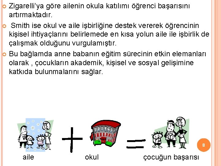 Zigarelli’ya göre ailenin okula katılımı öğrenci başarısını artırmaktadır. Smith ise okul ve aile işbirliğine