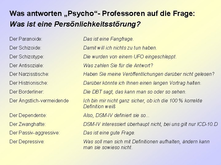 Was antworten „Psycho“- Professoren auf die Frage: Was ist eine Persönlichkeitsstörung? Der Paranoide: Das