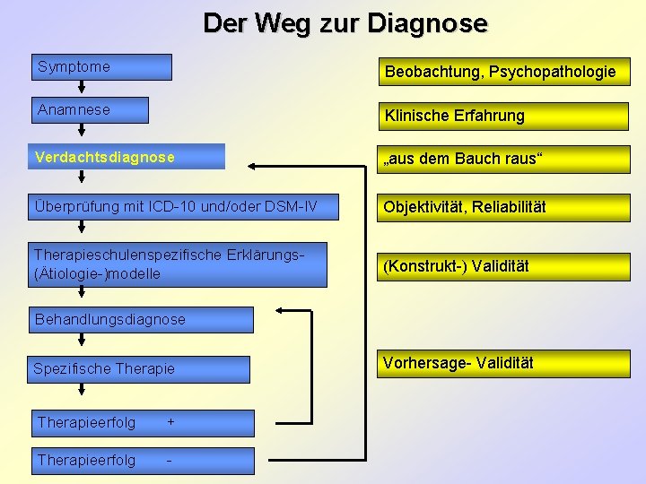  Der Weg zur Diagnose Symptome Beobachtung, Psychopathologie Anamnese Klinische Erfahrung Verdachtsdiagnose „aus dem