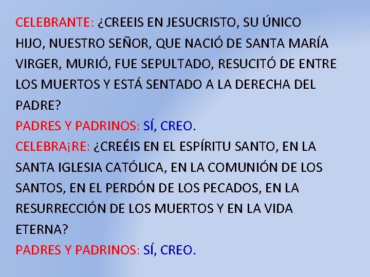 CELEBRANTE: ¿CREEIS EN JESUCRISTO, SU ÚNICO HIJO, NUESTRO SEÑOR, QUE NACIÓ DE SANTA MARÍA