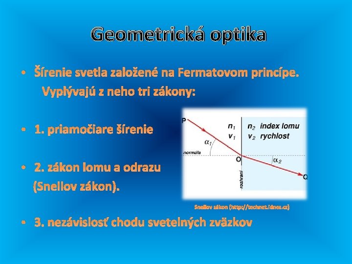 Geometrická optika • Šírenie svetla založené na Fermatovom princípe. Vyplývajú z neho tri zákony: