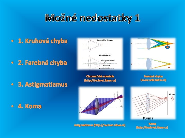 Možné nedostatky 1 • 1. Kruhová chyba • 2. Farebná chyba • 3. Astigmatizmus