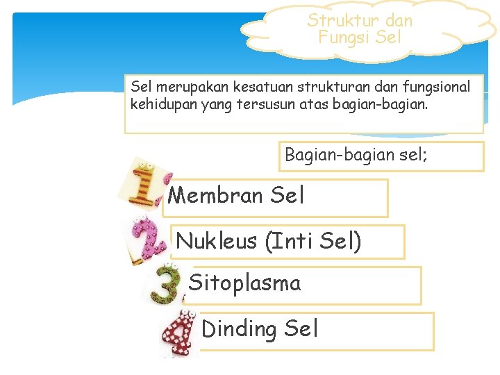 Struktur dan Fungsi Sel merupakan kesatuan strukturan dan fungsional kehidupan yang tersusun atas bagian-bagian.