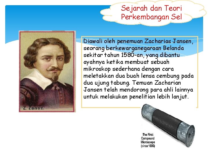 Sejarah dan Teori Perkembangan Sel Diawali oleh penemuan Zacharias Jansen, seorang berkewarganegaraan Belanda sekitar