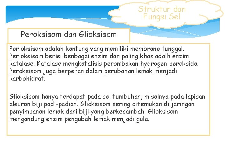 Struktur dan Fungsi Sel Peroksisom dan Glioksisom Perioksisom adalah kantung yang memiliki membrane tunggal.