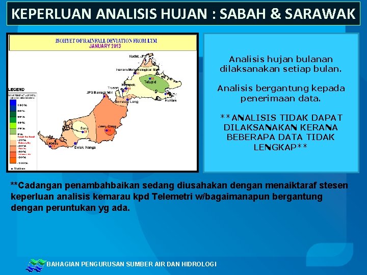 KEPERLUAN ANALISIS HUJAN : SABAH & SARAWAK Analisis hujan bulanan dilaksanakan setiap bulan. Analisis