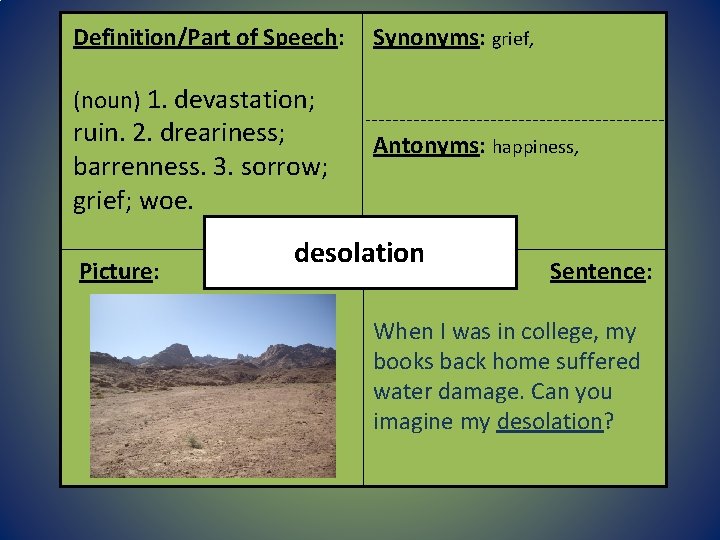 Definition/Part of Speech: Synonyms: grief, (noun) 1. devastation; ruin. 2. dreariness; barrenness. 3. sorrow;