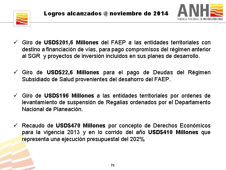 Logros alcanzados @ noviembre de 2014 ü Giro de USD$201, 6 Millones del FAEP