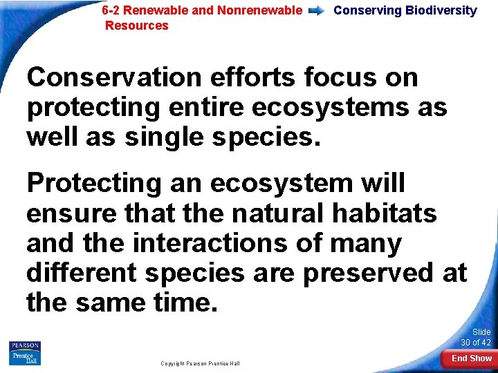 6 -2 Renewable and Nonrenewable Resources Conserving Biodiversity Conservation efforts focus on protecting entire