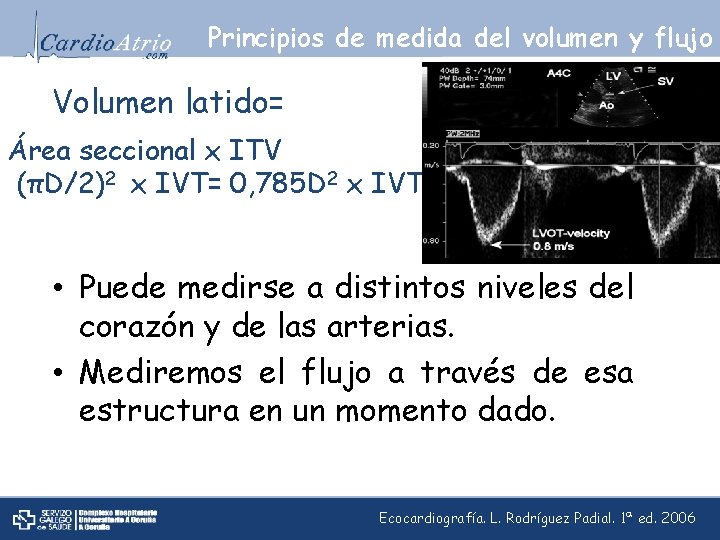 Principios de medida del volumen y flujo Volumen latido= Área seccional x ITV (πD/2)2