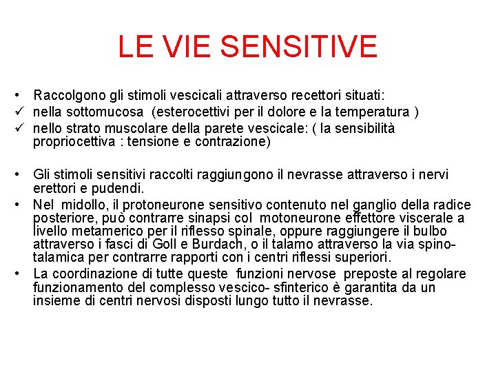 LE VIE SENSITIVE • Raccolgono gli stimoli vescicali attraverso recettori situati: ü nella sottomucosa