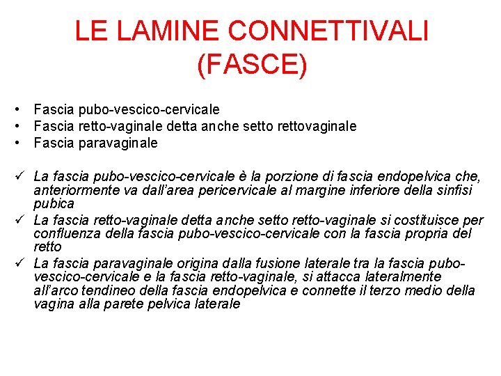 LE LAMINE CONNETTIVALI (FASCE) • Fascia pubo-vescico-cervicale • Fascia retto-vaginale detta anche setto rettovaginale