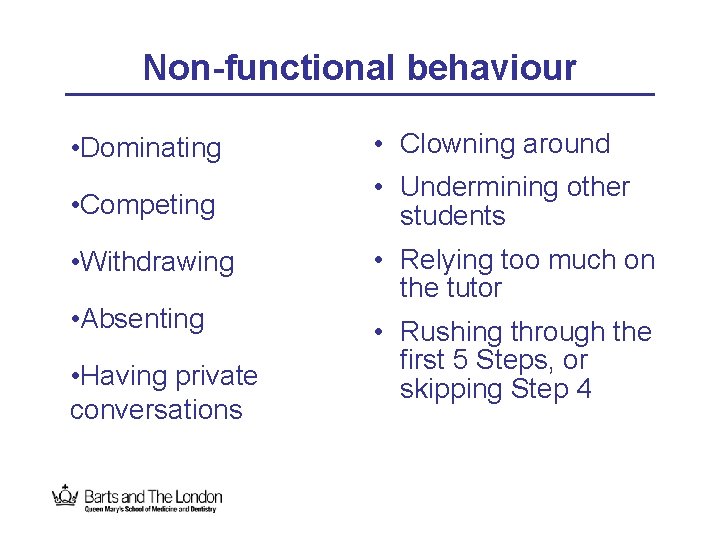 Non-functional behaviour • Dominating • Clowning around • Competing • Undermining other students •