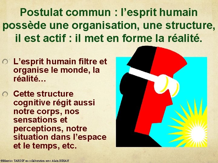 Postulat commun : l’esprit humain possède une organisation, une structure, il est actif :