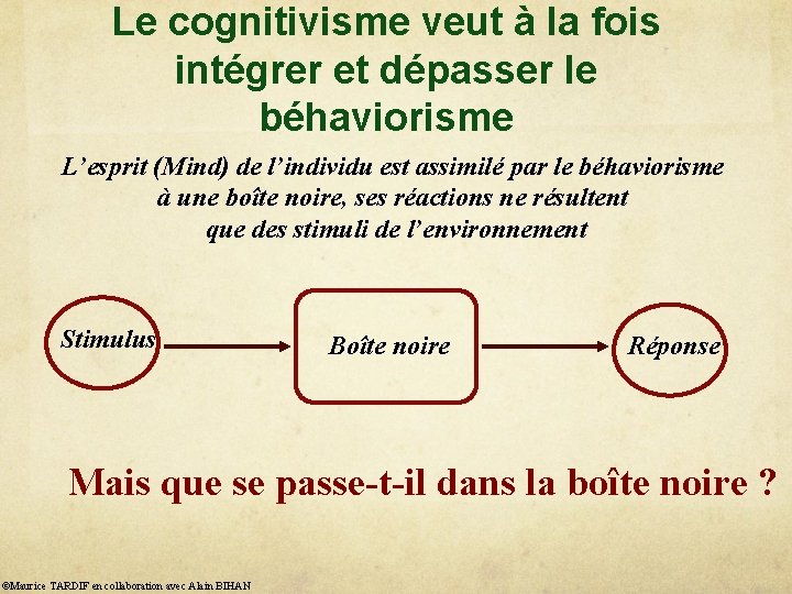 Le cognitivisme veut à la fois intégrer et dépasser le béhaviorisme L’esprit (Mind) de