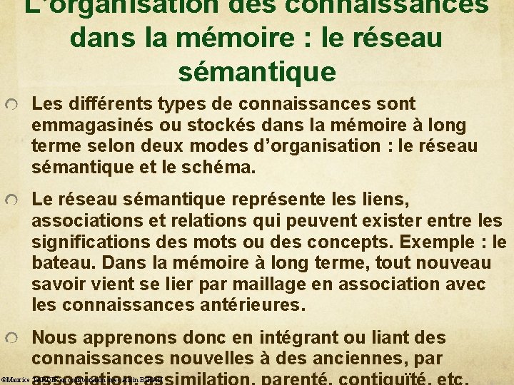 L’organisation des connaissances dans la mémoire : le réseau sémantique Les différents types de