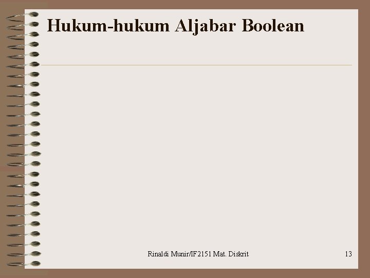 Hukum-hukum Aljabar Boolean Rinaldi Munir/IF 2151 Mat. Diskrit 13 