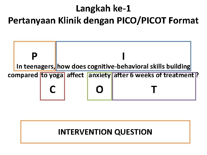 Langkah ke-1 Pertanyaan Klinik dengan PICO/PICOT Format P I In teenagers, how does cognitive-behavioral