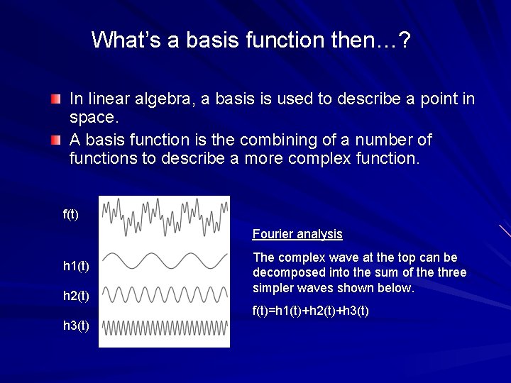 What’s a basis function then…? In linear algebra, a basis is used to describe
