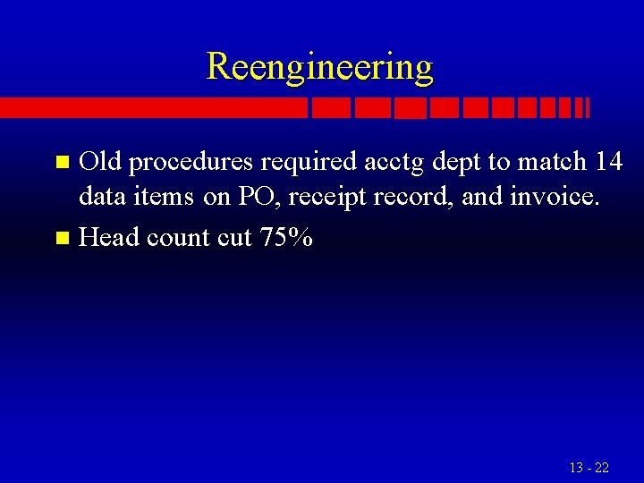 Reengineering Old procedures required acctg dept to match 14 data items on PO, receipt