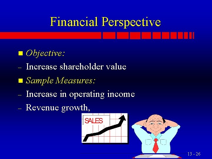 Financial Perspective Objective: – Increase shareholder value n Sample Measures: – Increase in operating