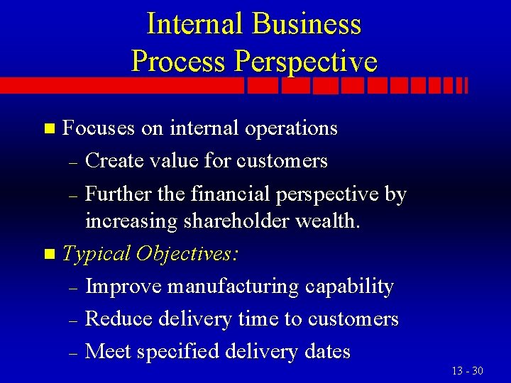 Internal Business Process Perspective Focuses on internal operations – Create value for customers –