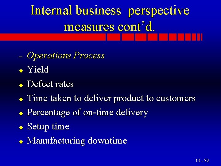 Internal business perspective measures cont’d. – u u u Operations Process Yield Defect rates