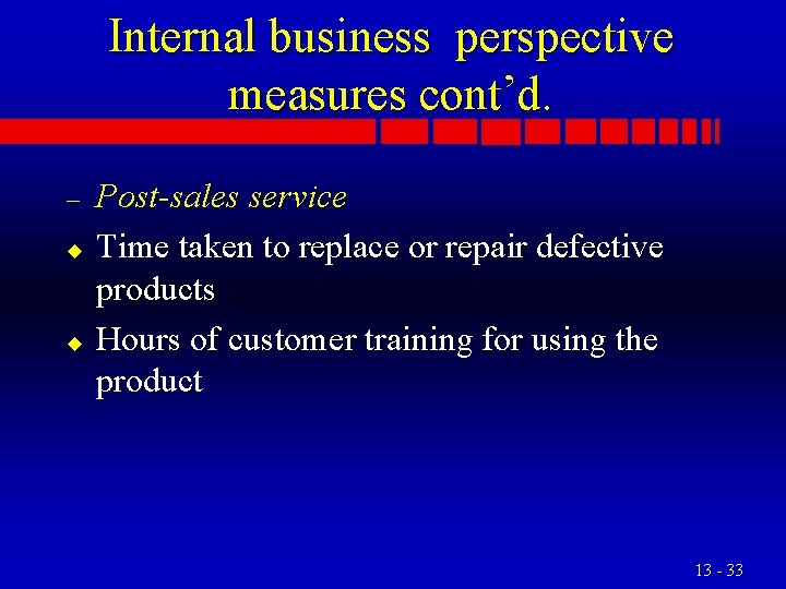 Internal business perspective measures cont’d. – u u Post-sales service Time taken to replace