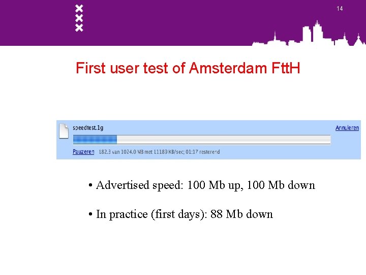 14 First user test of Amsterdam Ftt. H • Advertised speed: 100 Mb up,