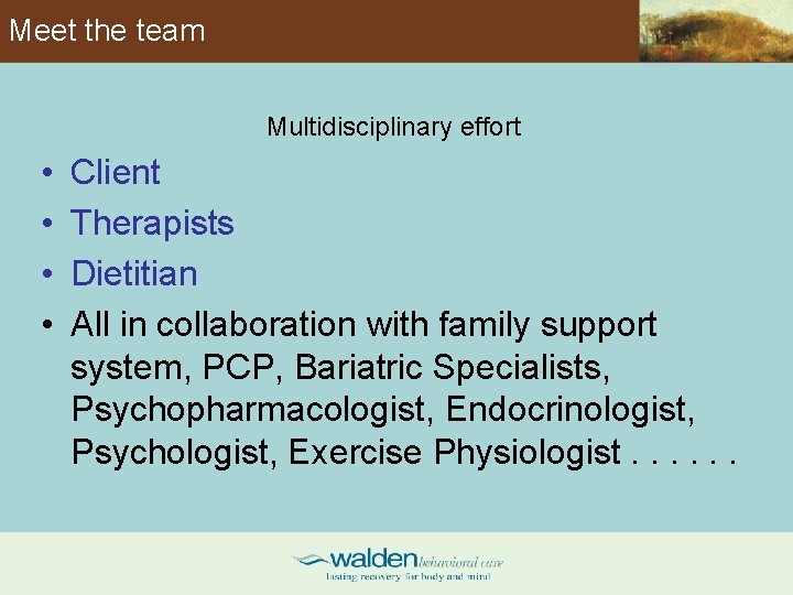 Meet the team Multidisciplinary effort • • Client Therapists Dietitian All in collaboration with