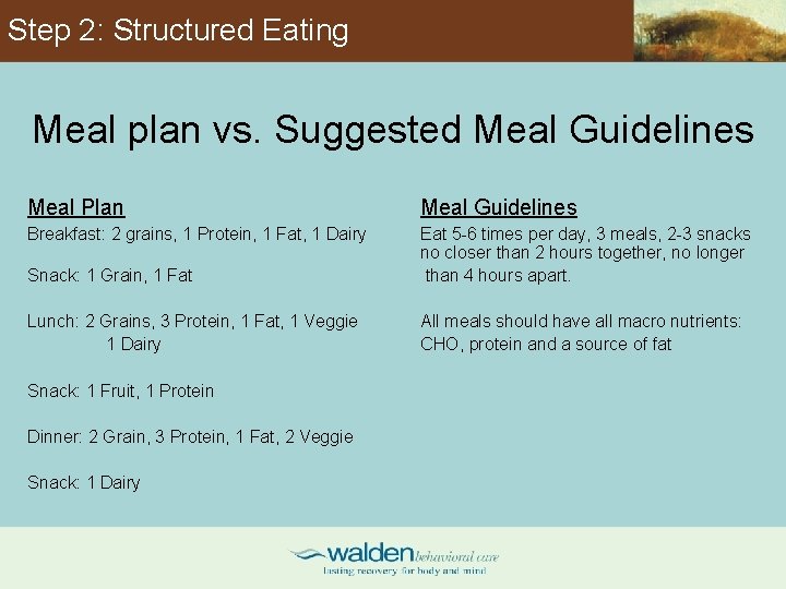 Step 2: Structured Eating Meal plan vs. Suggested Meal Guidelines Meal Plan Meal Guidelines