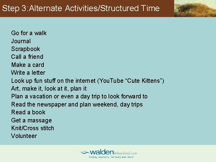 Step 3: Alternate Activities/Structured Time Go for a walk Journal Scrapbook Call a friend