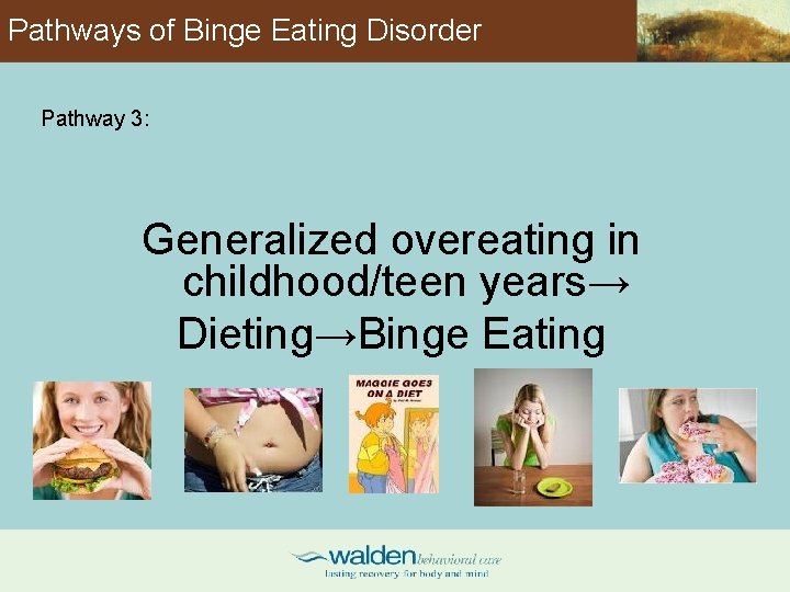 Pathways of Binge Eating Disorder Pathway 3: Generalized overeating in childhood/teen years→ Dieting→Binge Eating