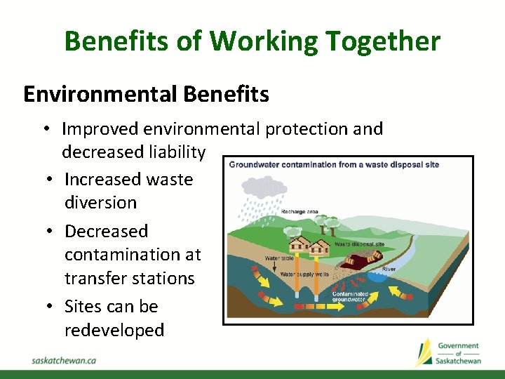 Benefits of Working Together Environmental Benefits • Improved environmental protection and decreased liability •