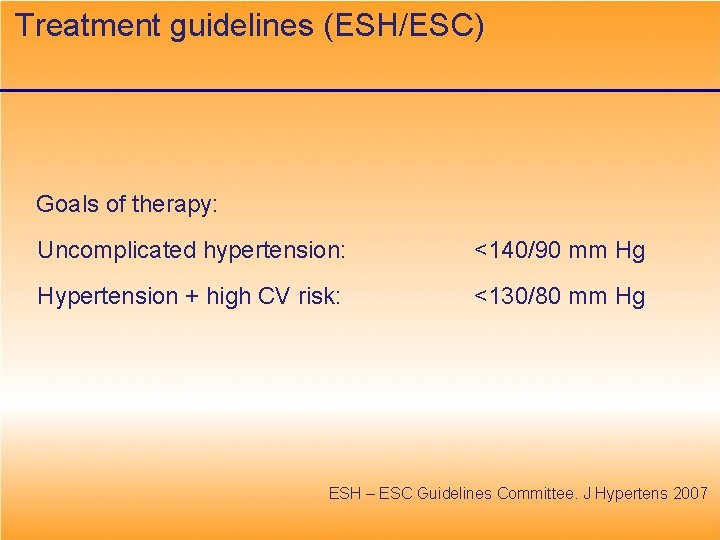 Treatment guidelines (ESH/ESC) Goals of therapy: Uncomplicated hypertension: <140/90 mm Hg Hypertension + high