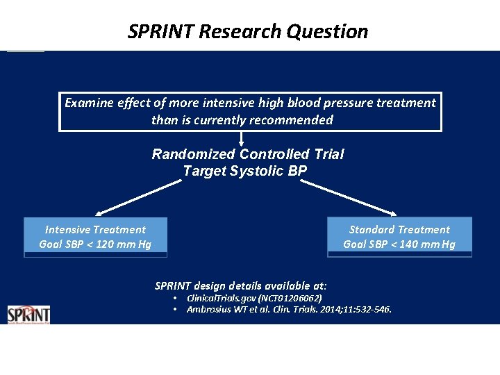 SPRINT Research Question Examine effect of more intensive high blood pressure treatment than is