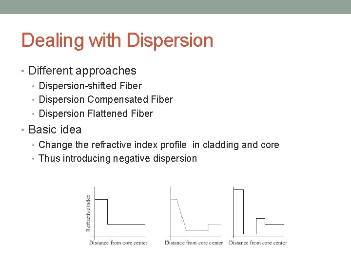 Dealing with Dispersion • Different approaches • Dispersion-shifted Fiber • Dispersion Compensated Fiber •