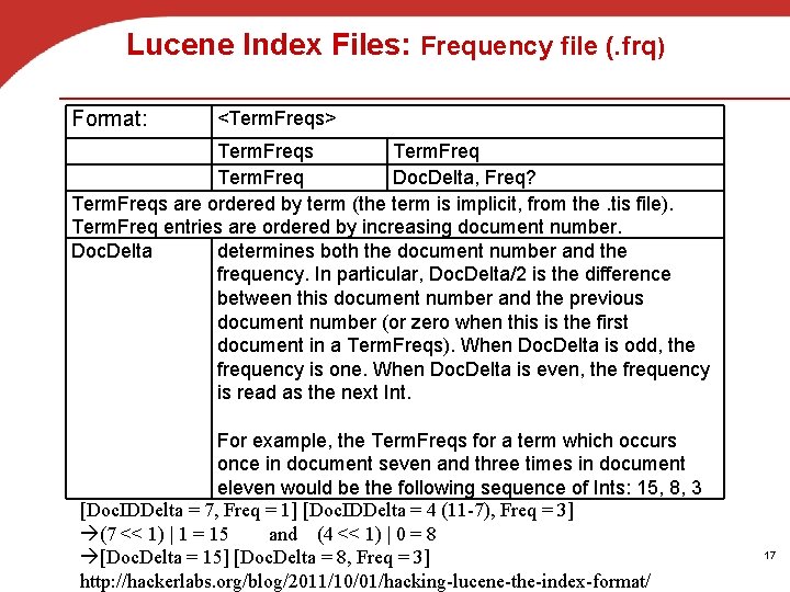 Lucene Index Files: Frequency file (. frq) Format: <Term. Freqs> Term. Freqs Term. Freq