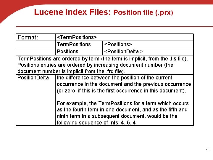 Lucene Index Files: Position file (. prx) <Term. Positions> Term. Positions <Positions> Positions <Position.