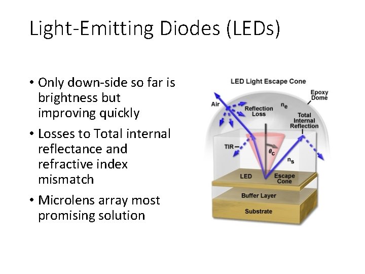 Light-Emitting Diodes (LEDs) • Only down-side so far is brightness but improving quickly • Light-Emitting Diodes (LEDs) • Only down-side so far is brightness but improving quickly •